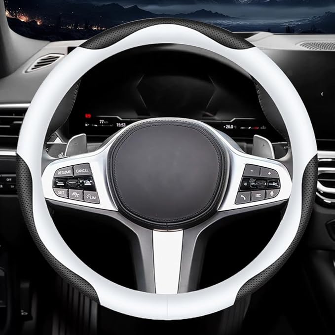 Carodi Leather Car Steering Wheel Cover, Elegant, Fashionable, Comfortable, Non-Slip, Breathable, Universal 15 inch, Black and White