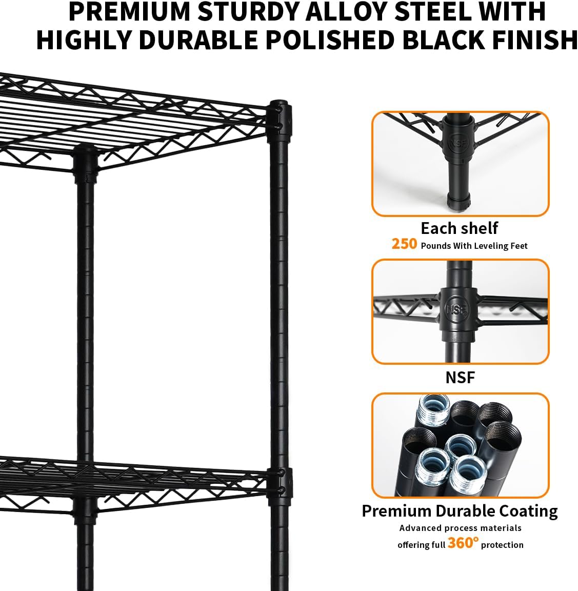 Heavy-Duty Black 4 Tiers Steel 36x14x54 Wire Shelving NSF Certified. Adjustable Storage Rack for Kitchen,Garage,and Laundry Utility Room (4Tiers-36x14x54)