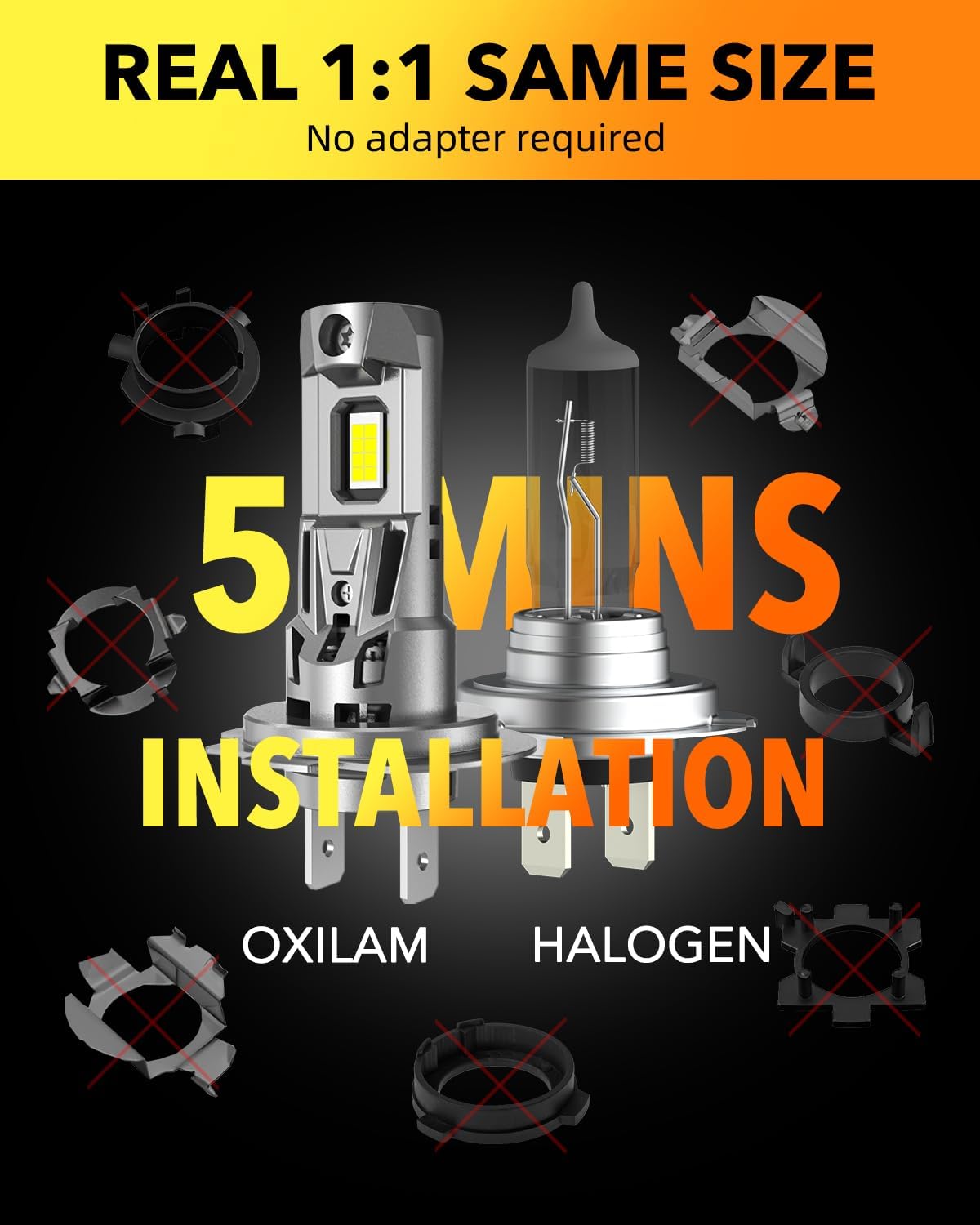 OXILAM H7 Light Bulbs 6500K White, 38000LM 800% Super Bright H7 Fog Lights, Real 1:1 Mini Size with Fan, Non-polarity, No Adapter Required, Canbus ready, IP68, Pack of 2