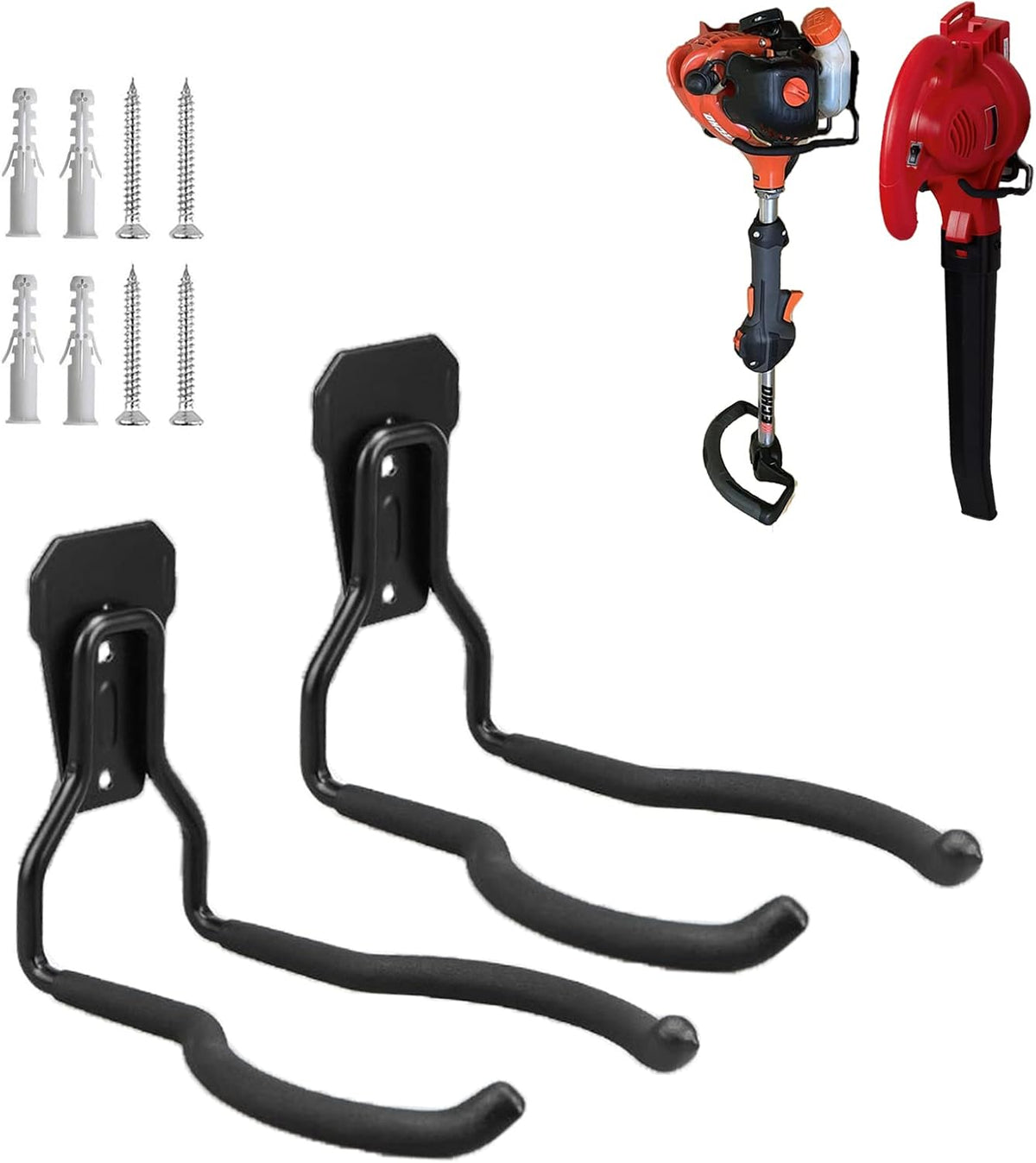 Garden Power Tool Hanger, Garage Wall Hooks, Weedeater Rack, String Trimmer Hanger, Utility Hooks for Garage Tool Organizers and Storage - Black, 2 Pcs