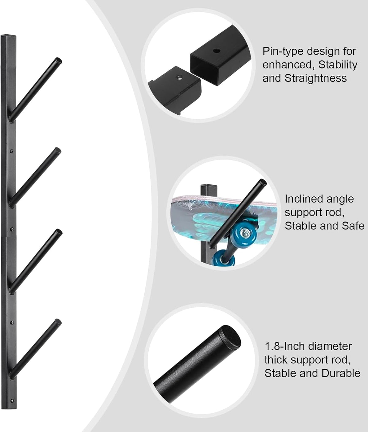 Skateboard Rack Wall Mount – Skateboard Wall Hanger, Snowboard Display Wall Mount, Ski Holder | 4-Floor Skateboard & Ski & Snowboard Storage Rack | Snowboard & Ski Lover Gifts
