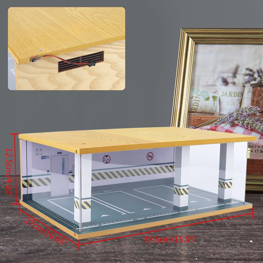 1/24 Parking Garage Model Car Garage Display Case with Clear Acrylic Cover and LED Lighting Toy Car Storage Tabletop Showcase for Boy Kids Home Toy Stores