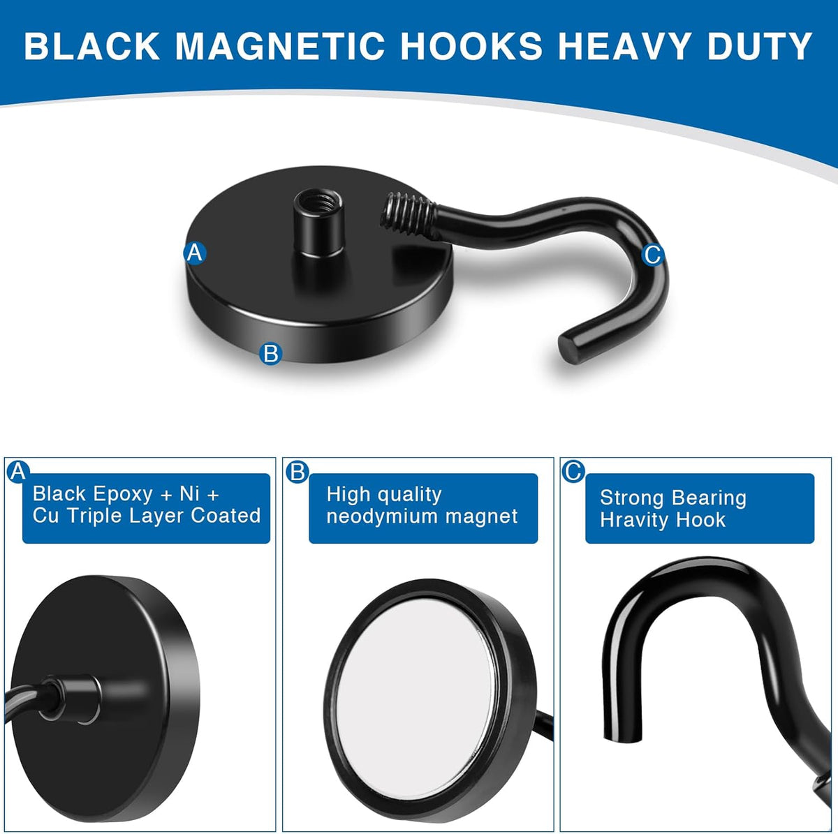 LOVIMAG Magnetic Hooks, 40LBS Black Magnet Hooks Strong Neodymium Magnets with Epoxy Coating, Metal Magnetic Hooks for Refrigerator，Locker Accessories, Cruise, Kitchen, Office, Classroom-6 Pack