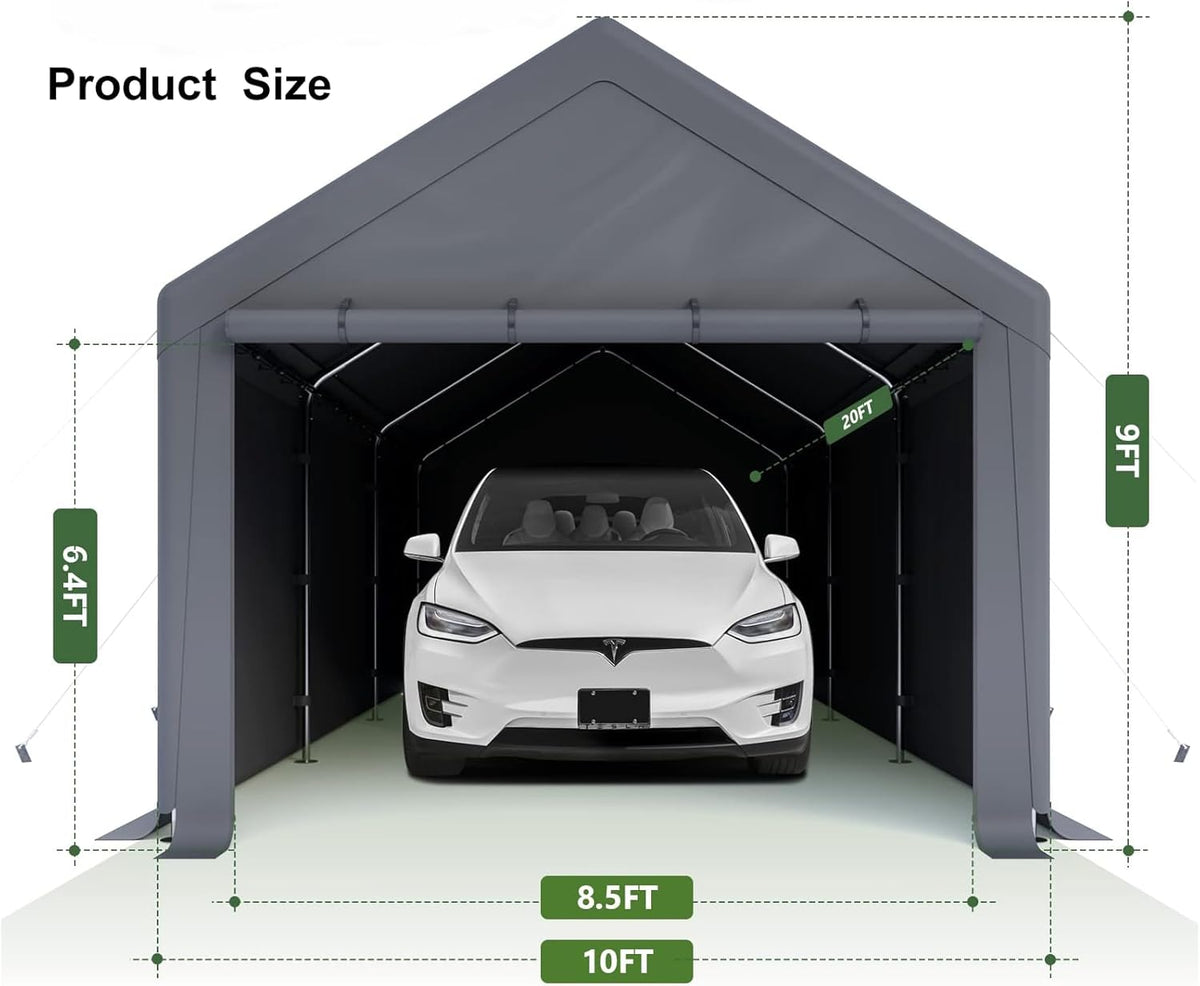 10x20ft Heavy Duty Carport with Removable Sidewalls,All Weather Carport Garage Party Tent Large Outdoor Canopy Storage Shed for Auto,Truck,Boat,Party (Grey)