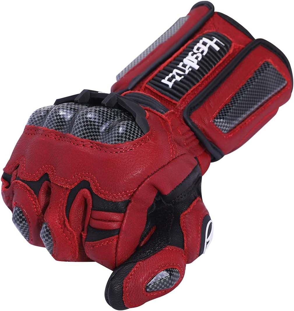 Harssidanzar Leather Motorcycle Gloves for Men and Women,Powersports Carbon Fiber Knuckle Protection Motorbike Gloves KM045