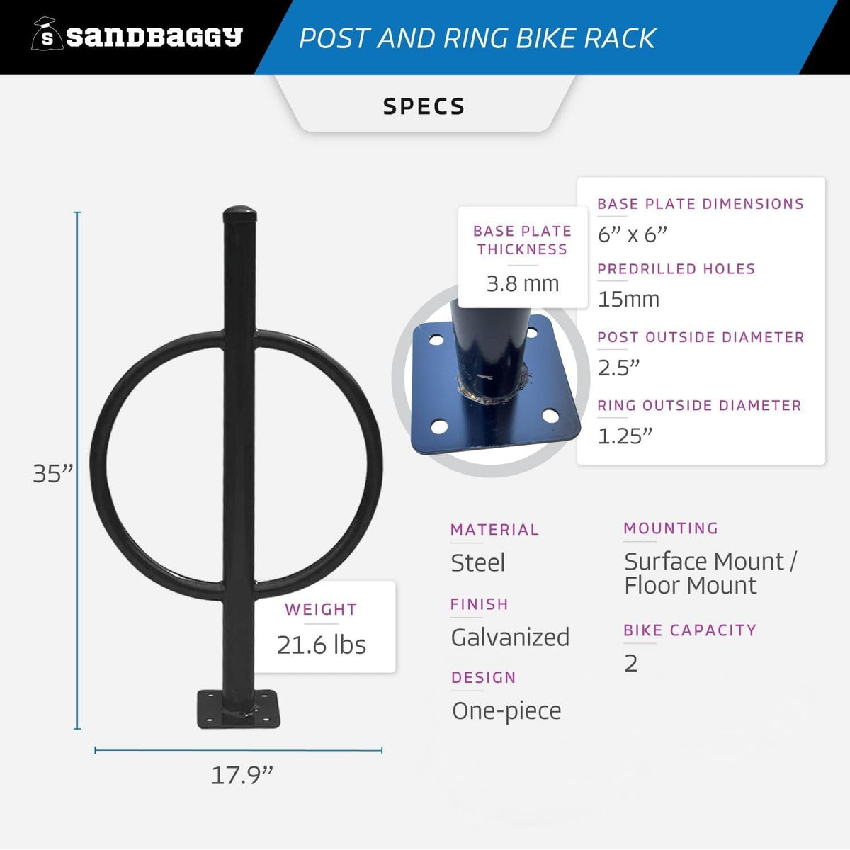 Sandbaggy Post and Ring Bike Rack - Commercial Bike Racks - Galvanized Steel - Anti-Theft Design - In Ground, Apartments, Sidewalks, Industrial (Orange, 1)