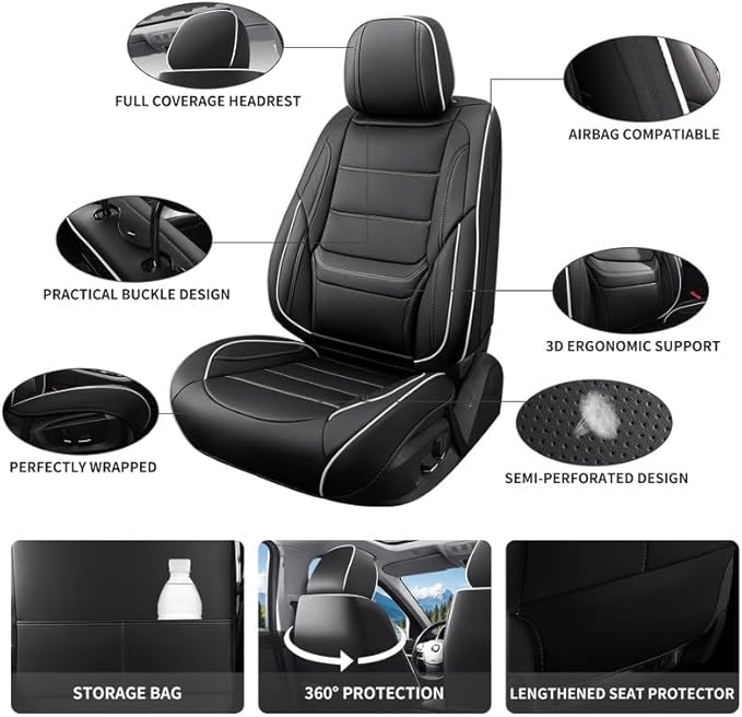 Car Seat Covers Full Set Custom Fit for Ford Maverick 2022-2026-Luxury Leather with Lumbar Support, Breathable, Waterproof, Anti-Slip, Durable, Easy to Install (Black&White,Full Set)