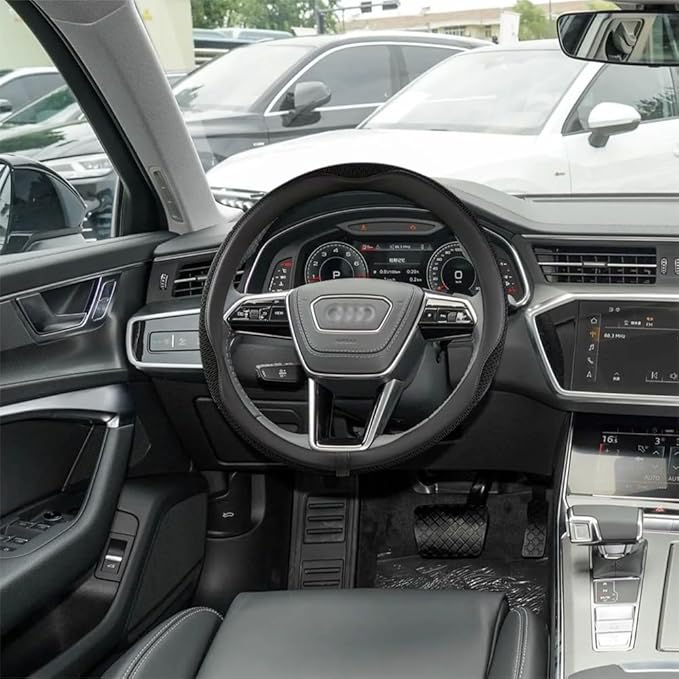 38cm Car Steering Wheel Cover, Universal 15 inch, Microfiber Breathable Ice Silk,Warm in Winter and Cool in Summer, Anti-Slip, Odorless, Easy to Install