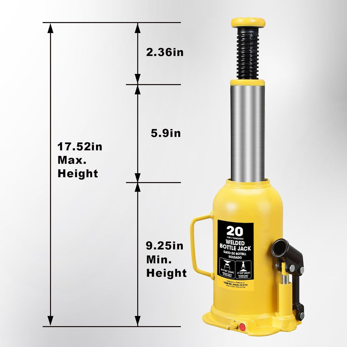 YELLOW JACKET 20 Ton Bottle Jack All Welded Hydraulic Jack with 2-Section Long Handle, for Car, Pickup Truck, Truck, RV, Auto Repair, Industrial Engineering