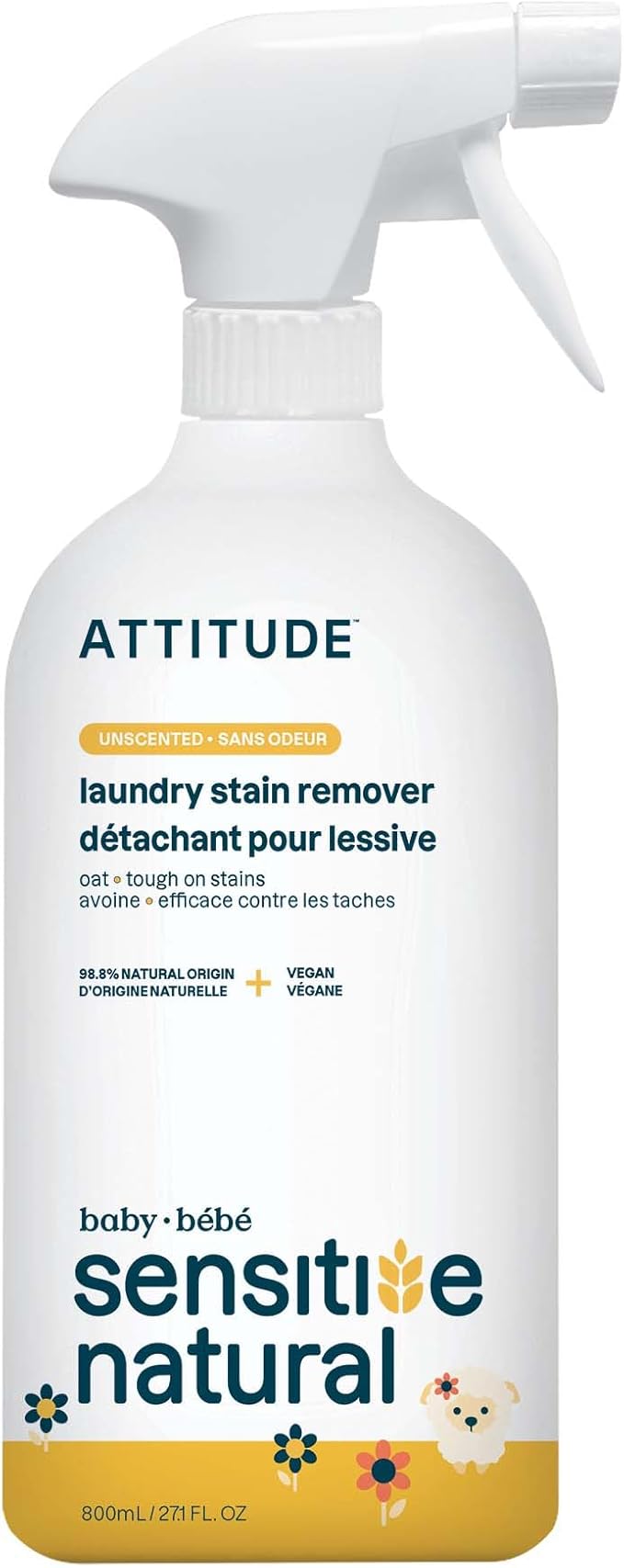 ATTITUDE Laundry Stain Remover for Baby Clothes, Plant- and Mineral-Based Ingredients, Vegan and Cruelty-free Laundry Products for Sensitive Skin, Unscented, 27 Fl Oz