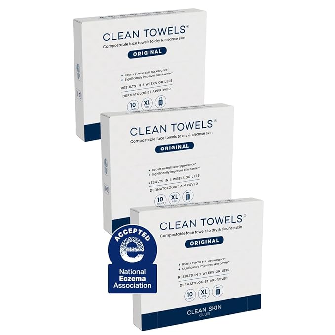 Clean Skin Club Clean Towels XL®, Travel Pack 100% USDA Biobased Disposable Face Towel, Eczema Association Accepted,Dry Wipes, TSA-Approved Travel Essential, 3 Packs, 30 ct Total