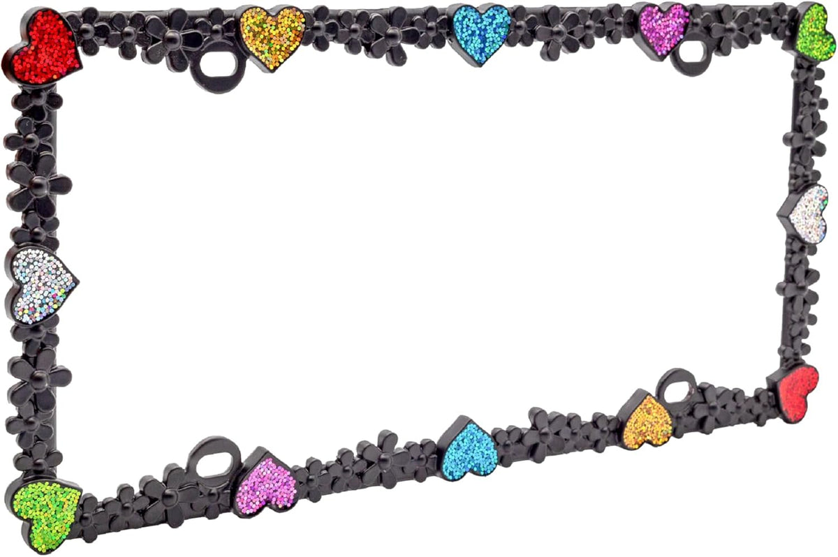 Creathome 3D Shining Daisy Heart License Plate Frame from Pure Zinc Alloy Metal Perfect Plate Holder, Matt Black with Colorful Glitter, Luminously Heart