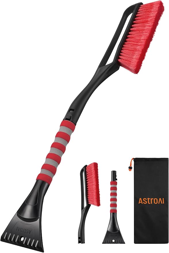 AstroAI 27" Snow Brush and Ice Scrapers for Car Windshield, Detachable Snow Scrapers with Ergonomic Foam Grip for Cars, Trucks, SUVs (Heavy Duty ABS, PVC Brush, Red)