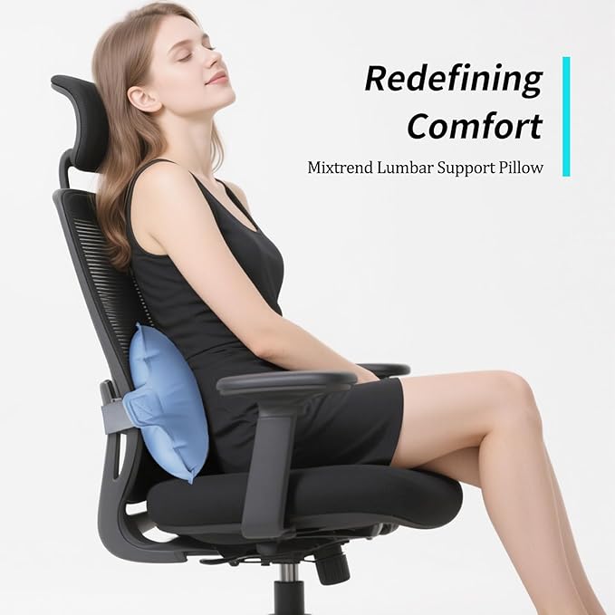 Mixtrend Travel Lumbar Pillow Inflatable Lumbar Support Pillow with Memory Foam, Back Support Pillow for Airplane Long Flight, Essential Travel Support Pillow for Women Men Kids（Mist Blue）