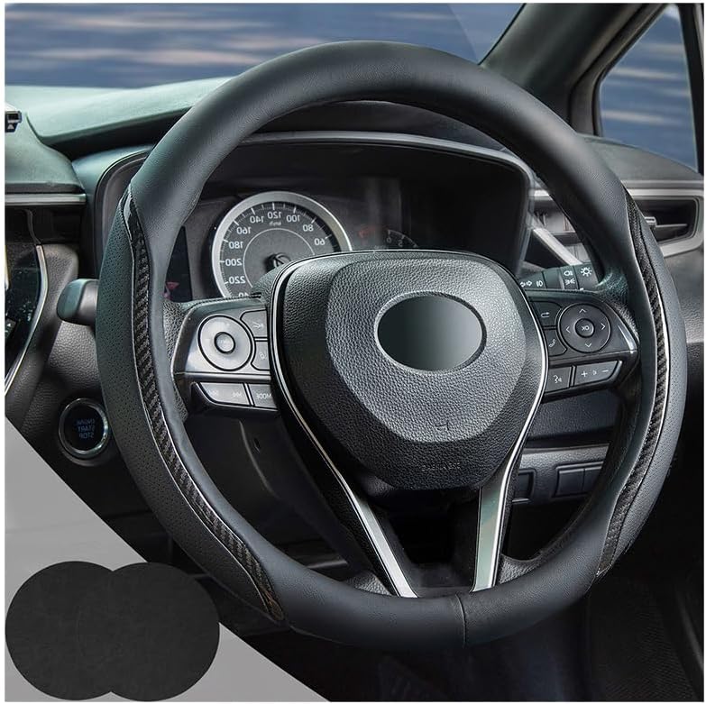 Car Steering Wheel Cover Black, 14-14.5 inch Steering Wheel Covers with Coasters Microfiber Leather Carbon Fiber Breathable Anti-Slip Durable Universal Auto Steering Wheel Protective