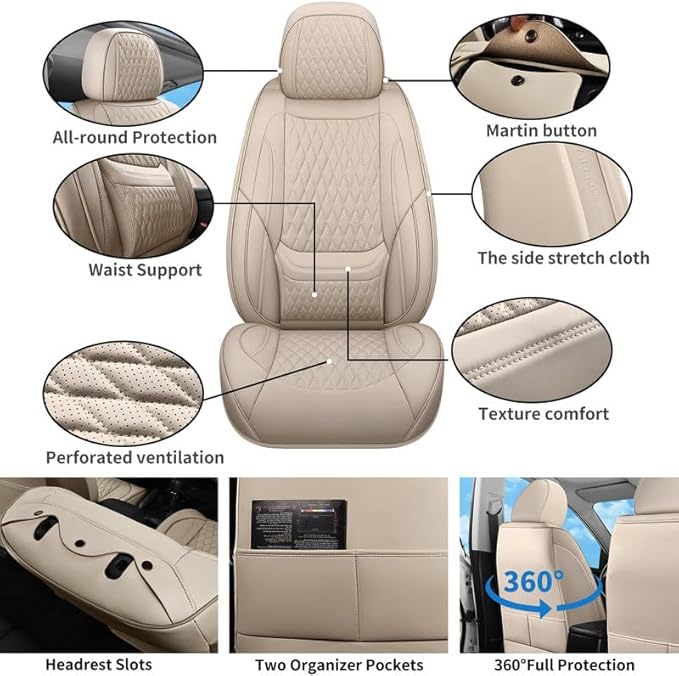 Car Seat Covers Full Set Custom Fit for Ford Fusion 2007-2020 - Premium Faux Leather with Lumbar Support | Breathable, Waterproof, Anti-Slip, Durable (Beige,Full Set)