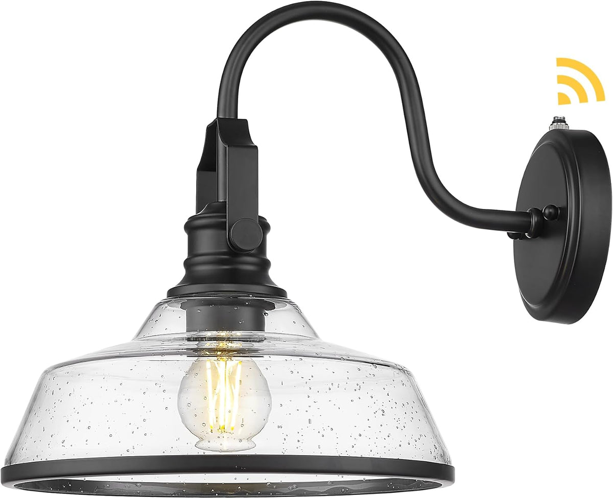 kudos Dusk to Dawn Outdoor Wall Sconce, Exterior Garage Light Fixtures, Farmhouse Waterproof Outdoor Gooseneck Barn Light Motion Sensor, Seeded Glass 1 Pack, KDOWL05-BK-S-LC