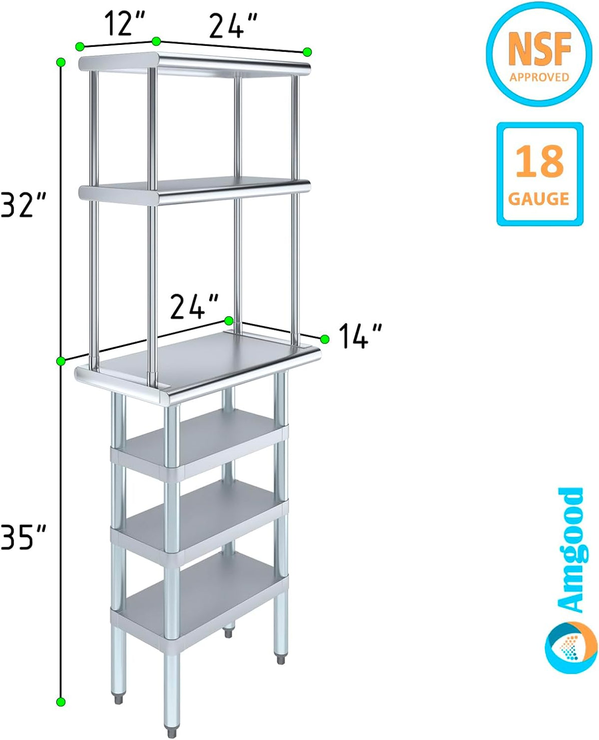 Amgood 14" x 24" Stainless Steel Work Table with 3 Shelves and 12" Wide Double Tier Overshelf | Metal Kitchen Prep Table & Shelving Combo | NSF