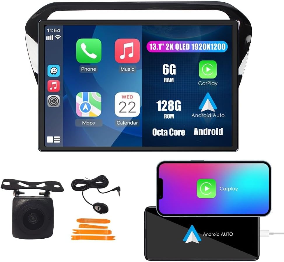 Kunfine Car CarPlay Android Auto Navigation Stereo GPS Radio Camera Display 13.1" QLED Touchscreen Headunit Tablet Media Player for Peugeot 301 2013-2022, if Applicable Octa Core 6G+128G Gloss Black