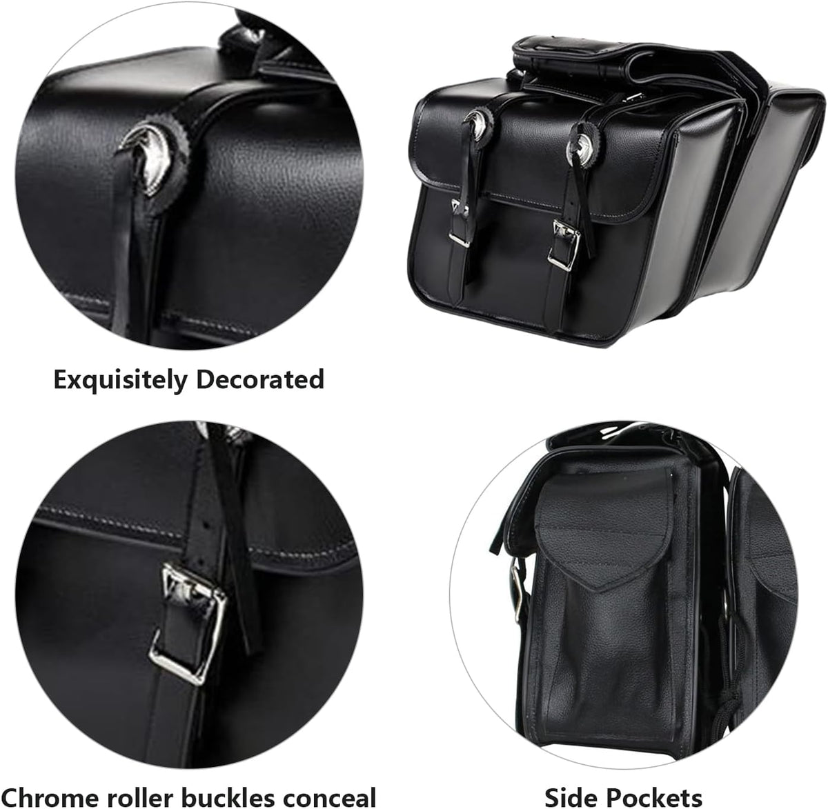 GARGOYLE BELLS Motorcycle Saddle Bags Leather Motorcycle Luggage Bag with Gun Holsters For Softails Sportsters and Choppers Tool Bags For Motorcycle (Black PVC, 14" x 8" x 11")
