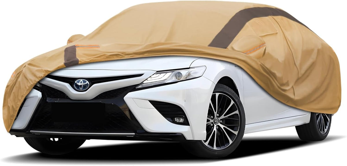 Car Cover Waterproof All Weather Compatible with Toyota Camry Sedan Solara (1996-2024), Outdoor Anti-UV Sun Rain Protection Full Exterior Cover (Camel with Brown)