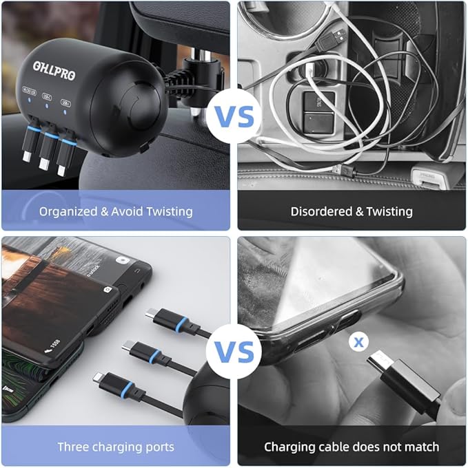 OHLPRO Multi Car Retractable Backseat 3 in 1 Car Charging Station Box Compatible with All Phones | iPhone | Samsung | Uber Taxi Lyft Turo Ride Share Customer Charging Dock Attach to Headrest