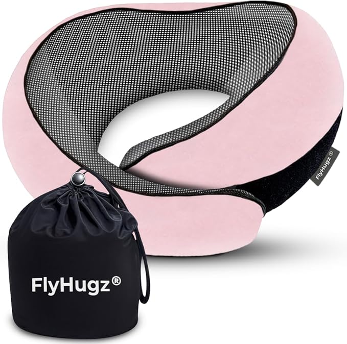 FlyHugz® Neck Travel Pillow | Memory Foam Neck Pillow for Comfort on Airplane | Compact and Ergonomic Design for Travel, Car Rides, and Home Use | Ideal for Adults and Kids (Pink)