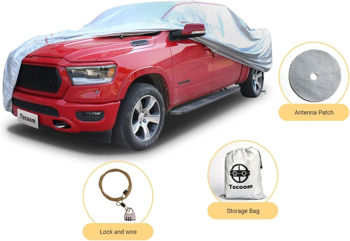Tecoom Hard Shell Truck Car Cover Waterproof UV-Proof Windproof Zipper Design with Strap Buckle Fit for Ford F150 Ram 1500 Chevy Silverado Toyota Tundra GMC Sierra Full Size Truck Length Up to 233"