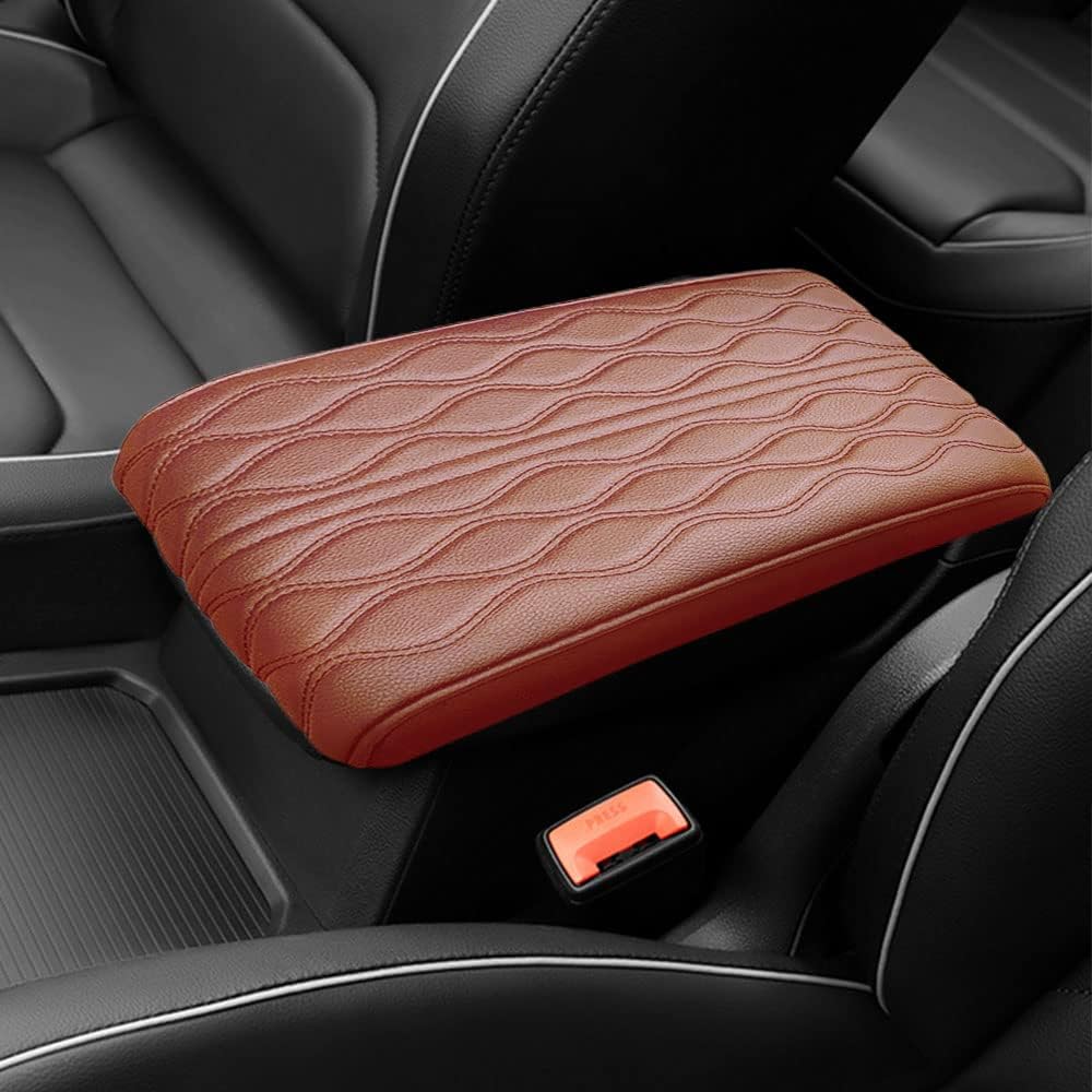 2025 Upgrade Universal Style Memory Cotton Car Armrest Box Pad,New Leather Car Armrest Box Pad Car Center Console Cover Pad,Vehicle Seat Box Cushion Protector for SUV Truck (Coffee, Wave Pattern)