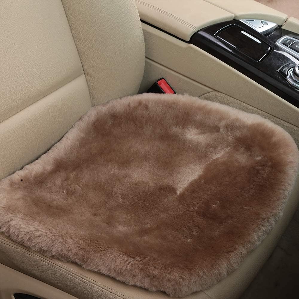 20 inchs Shearling Sheepskin Car Seat Cover, Fluffy Fuzzy Wool Car Seat Covers for Auto Interior Accessories with Soft Eco-Friendly Natural Fur Non-Slip (Camel, Front)