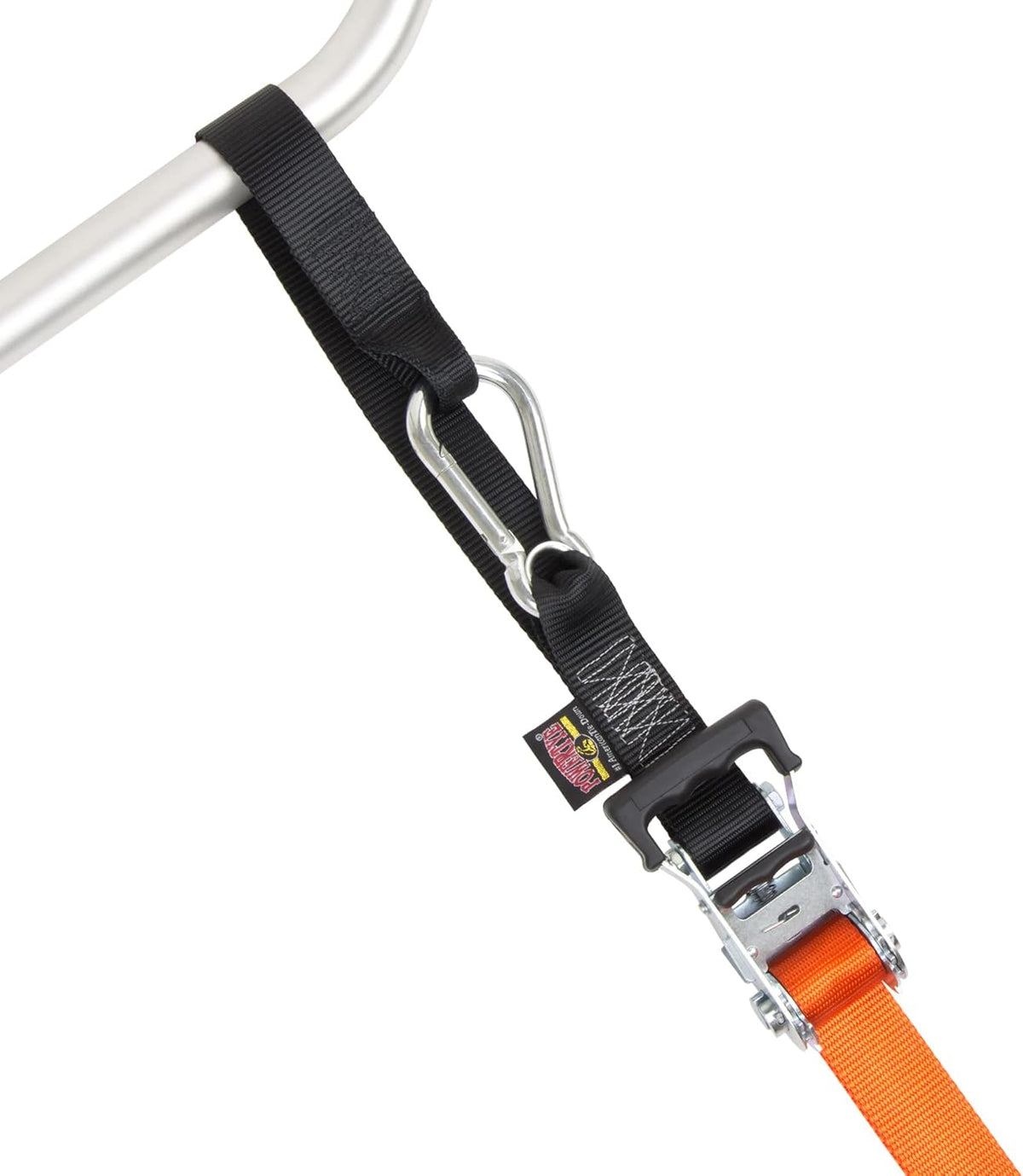 PowerTye 1.5in x 6.5ft Heavy Duty Ratchet Tie-Down Straps with Soft-Tye, Carabiner Hooks - 1,000 lb Working Load Limit / 3,000 lb Breaking Strength - Made in USA - Orange/Black Pair + Storage Bag