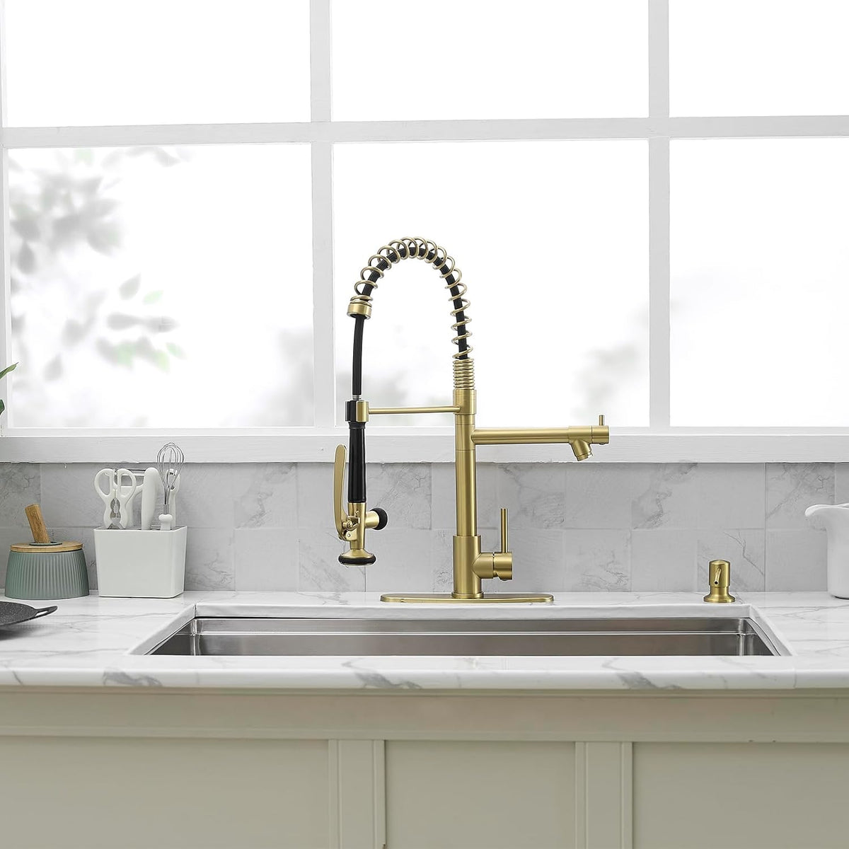 Fapully Commercial Kitchen Sink Faucet with Pull Down Sprayer Brushed Gold Single Handle Faucets for Kitchen Sink, Kitchen Faucet with Soap Dispenser and Deck Plack for 4 Hole