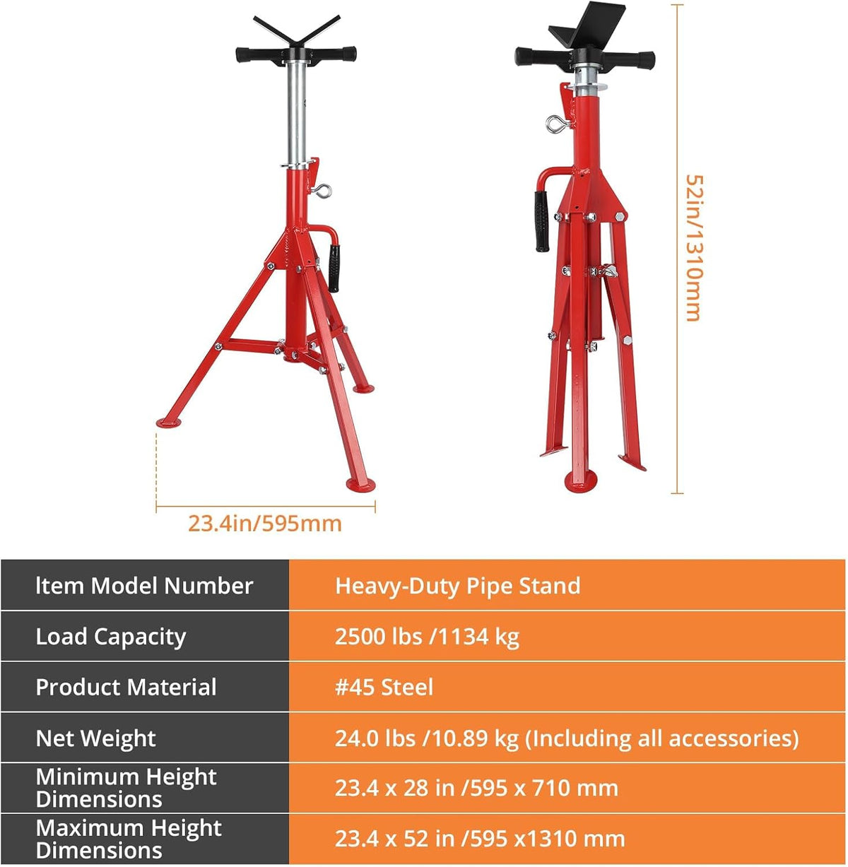 V-Head Pipe Jack Stand, Heavy-Duty Folding Pipe Stand with 2500 Lbs Load Capacity, Adjustable Height 28"-52" for Welding, Automotive & Construction Projects, Red