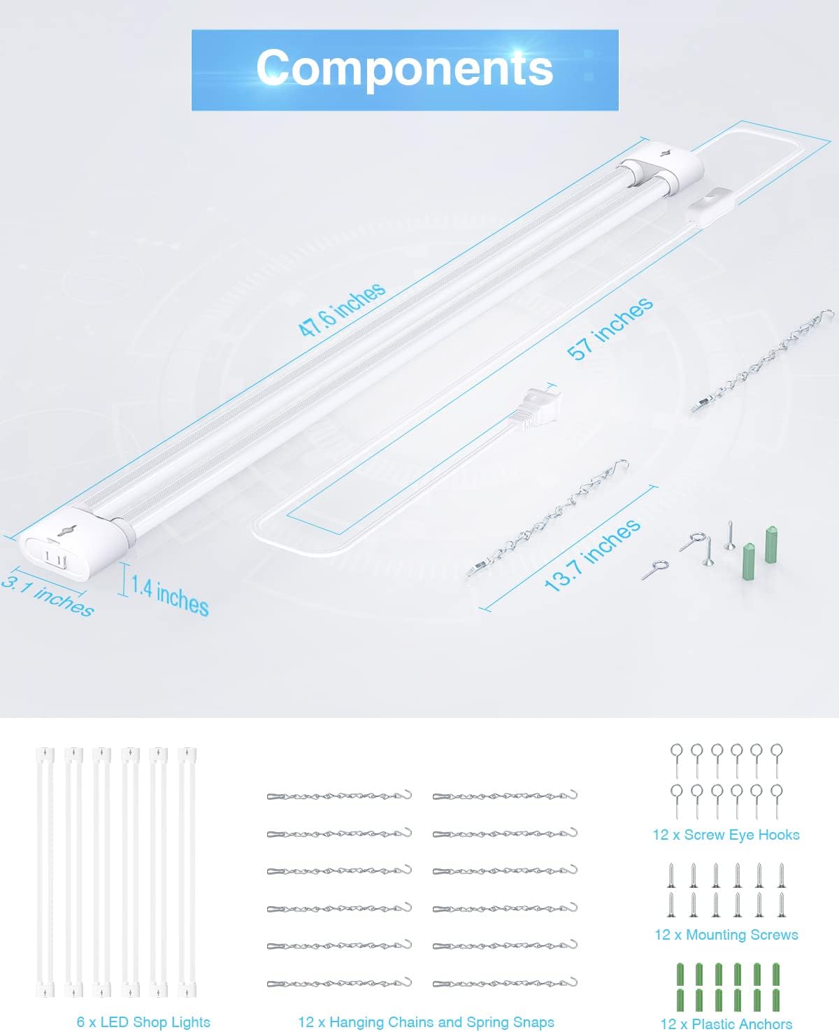 Ensenior 6 Pack Linkable Led Shop Light 4ft for Garage, 4400 High Lumens, 36W Equivalent 280W, 5000K Daylight, 48 Inch Utility Shop led Lights, Surface or Hanging Mount Fixtures, White, ETL Certified