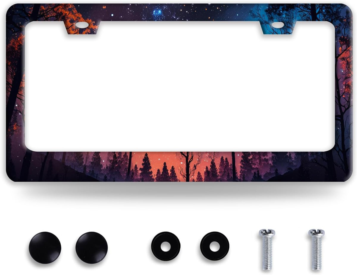 Night Starry Forest License Plate Frame Beautiful Night License Plate Holder Funny Stainless Steel Accessories Cars Decor with 2 Holes and Screws Fits Standard Us Ca Vehicles 12.2 X 6 Inch