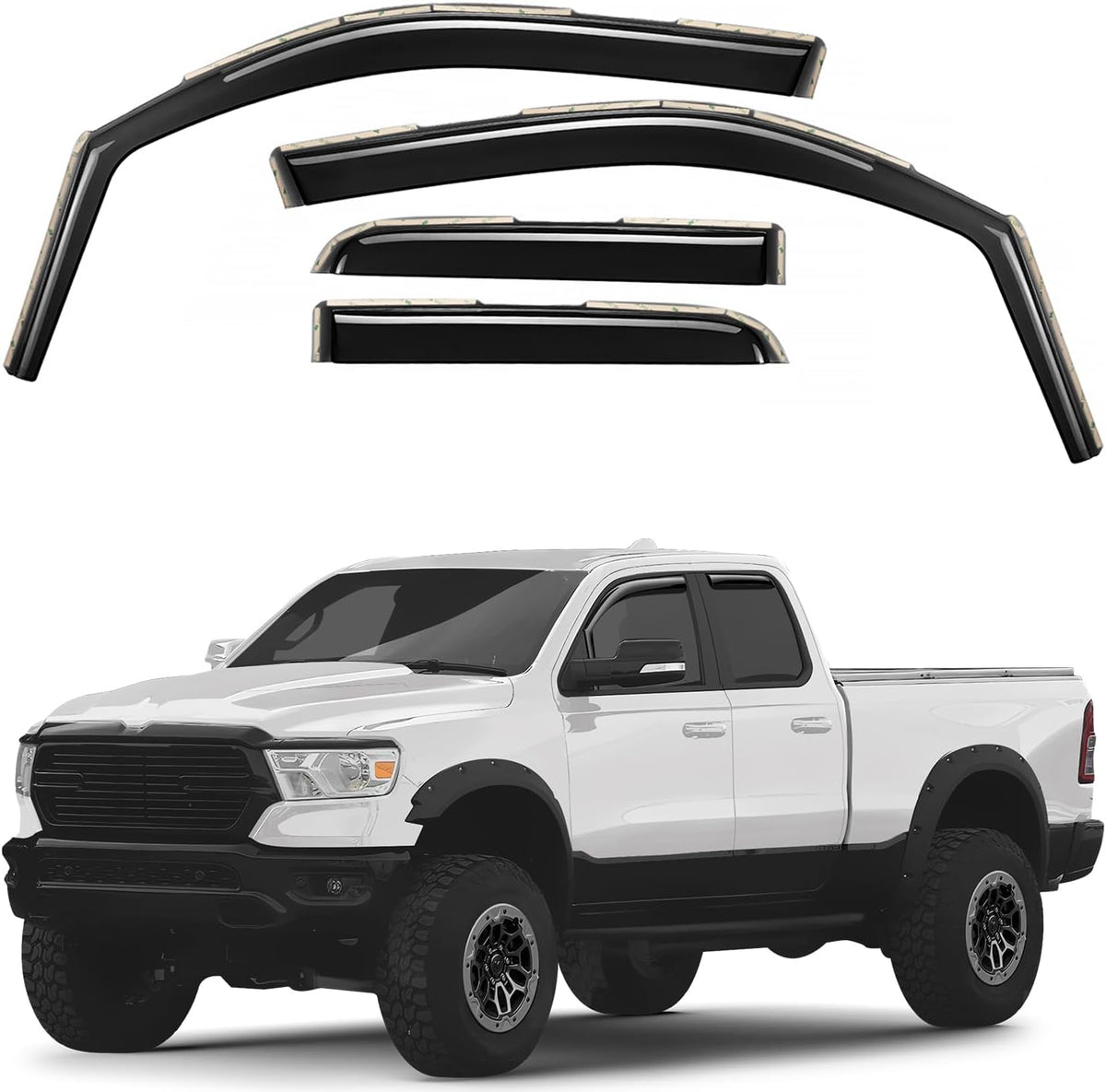 GrandWheel Co Smoke Tinted in-Channel Side Window Vent Visor Deflectors Rain Guards Compatible with Dodge Ram 1500 2019-2025 Quad Cab - 4pcs. GW0949