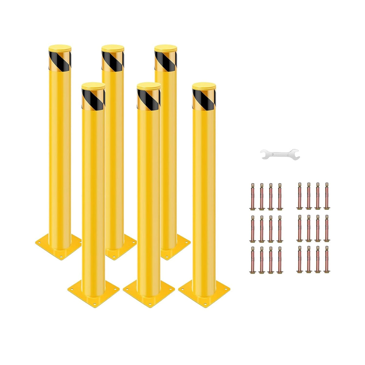 6 Pack Safety Bollard Post, 30 Inch Height 4.5 Inch Diameter Yellow Pipe Safety Steel Bollards with Anchor Bolts and Wrench, Steel Bollards for Road Warning Construction Public Place Traffic Control
