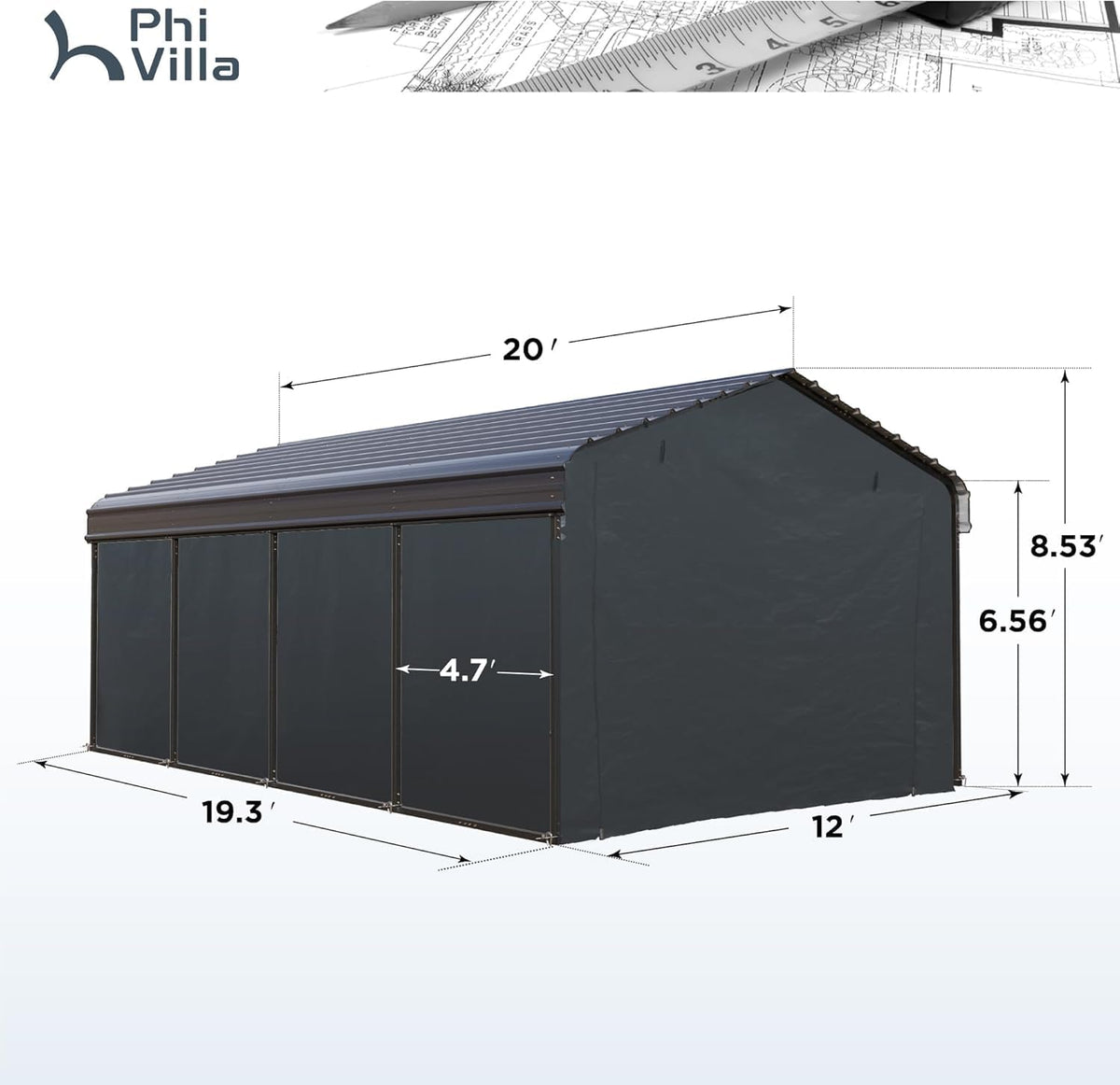 PHI VILLA 12 x 20 ft Carport Metal Carports with Galvanized Steel Roof with Sidewalls Enclosure Kit, Sturdy Heavy Duty Metal Carport for Cars, Boats, and Tractor