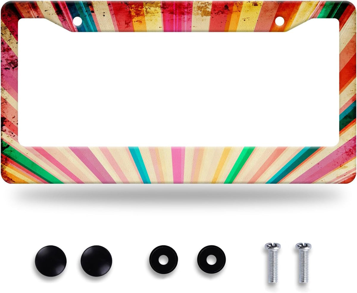 Retro Rainbow License Plate Frame Hippie Rainbow Stripes License Plate Stainless Steel Funny License Plate Holder Colorful Car Accessories Decoration With Screws Fits Standard Vehicles Size 12.3"x6.3"