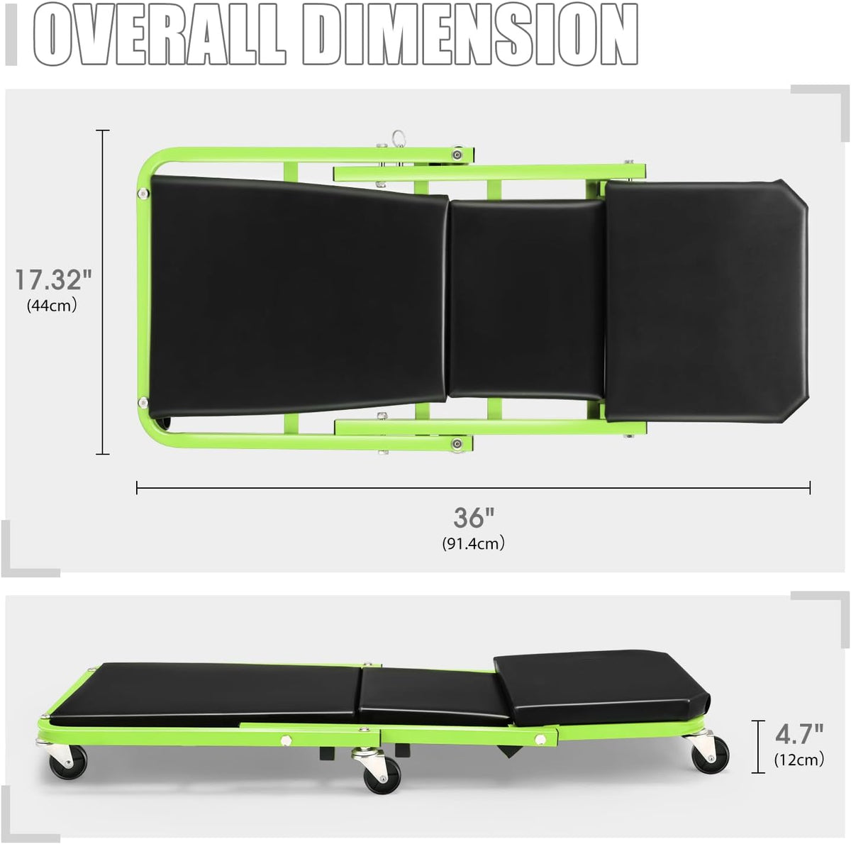 DNA MOTORING 36 Inches 2 IN 1 Rolling Folding Car Creeper/Seat, 6 Pcs 2" Casters, 150kg Weight Capacity, Green, TOOLS-00185-GR