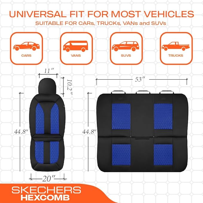 Skechers Memory Foam™ Car Seat Cover Full Sets, Hexcomb Breathable Thick Seat Covers, Airbag Compatible, Automotive Comfort & Protection for Most Cars,Van,Trucks, SUVs (Blue,Full Set)