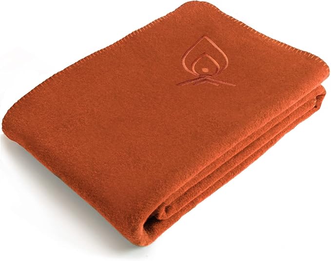 Texas Bushcraft Merino Wool Blanket for Camping Hiking and Backpacking – Water Fire Resistant Camp Car is Fast-Warming Durable with Double-Stitched Edging (66” x 90”) Burnt Orange