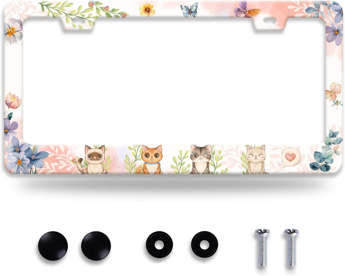 Cat License Plate Frame Beautiful Butterflies Flowers License Plate Holder Funny Personalise Car Stainless Stee Decorative Parts for Standard Us Canada Vehicles 12x6 Inch for Women Men