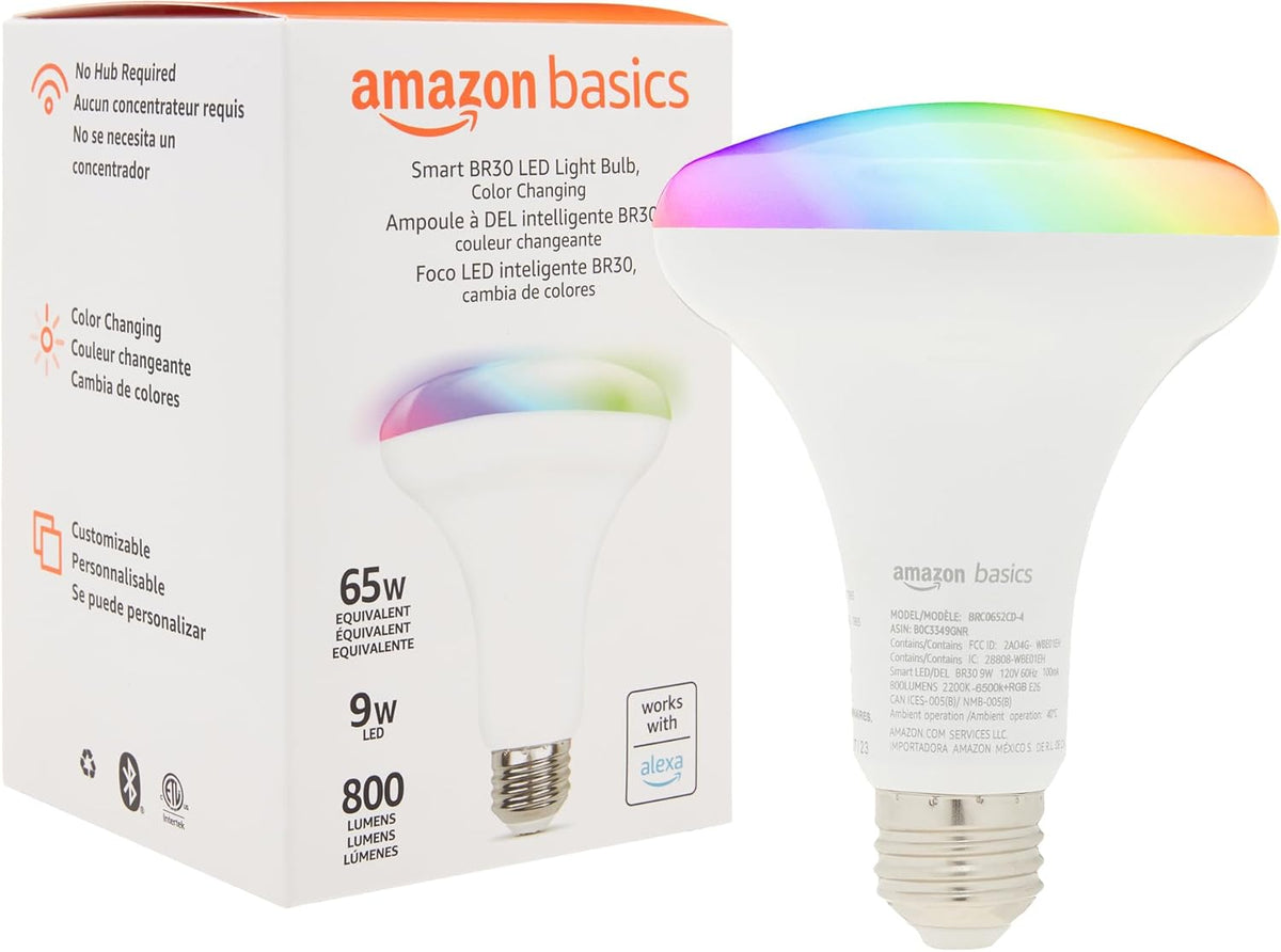 Amazon Basics Smart BR30 LED Light Bulb, Color Changing, 9W (60W Equivalent), 800LM, Works with Alexa Only, 2.4 GHz Wi-Fi, No Hub Required, 1 Pack
