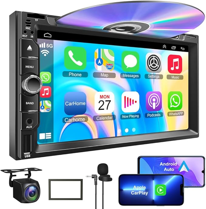 Double Din car Stereo with CD/DVD Player- CarPlay & Android Auto, Car Audio with Bluetooth, 7 Inch HD Touchscreen, Rear Camera, USB/TF/AUX, Subwoofer, AM/FM Radio Receiver