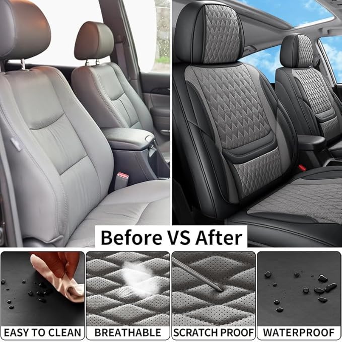 Car Seat Covers Full Set Custom Fit for Pontiac Vibe 2003-2010 - Premium Faux Leather with Lumbar Support | Breathable, Waterproof, Anti-Slip, Durable (Black&Gray,Full Set)