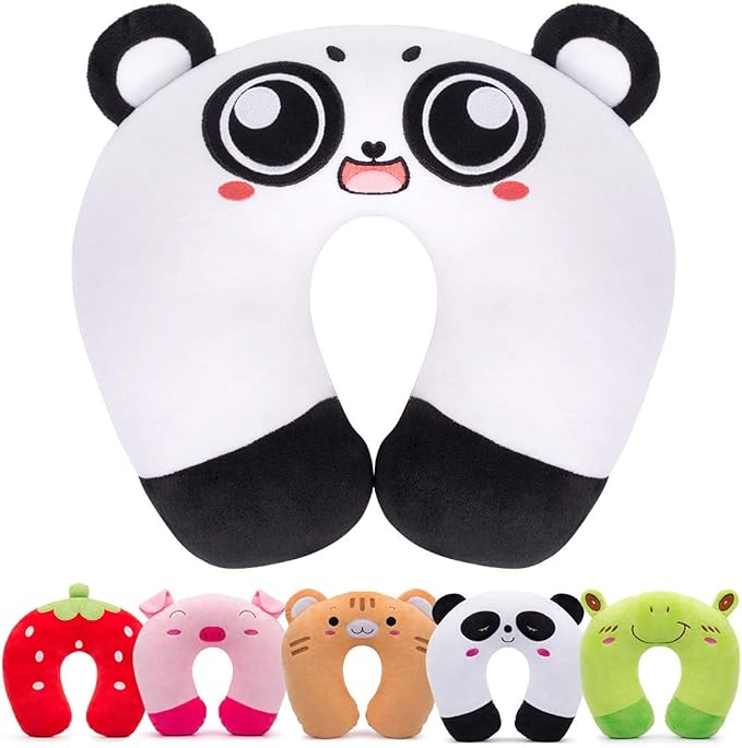 H HOMEWINS Travel Pillow for Kids,Cute Animal Neck Pillow for Boys Girls,Soft Neck Head Chin Support Pillow,Travel Accessories for Airplane, Car, Train,Recline (Big Eyes Panda)