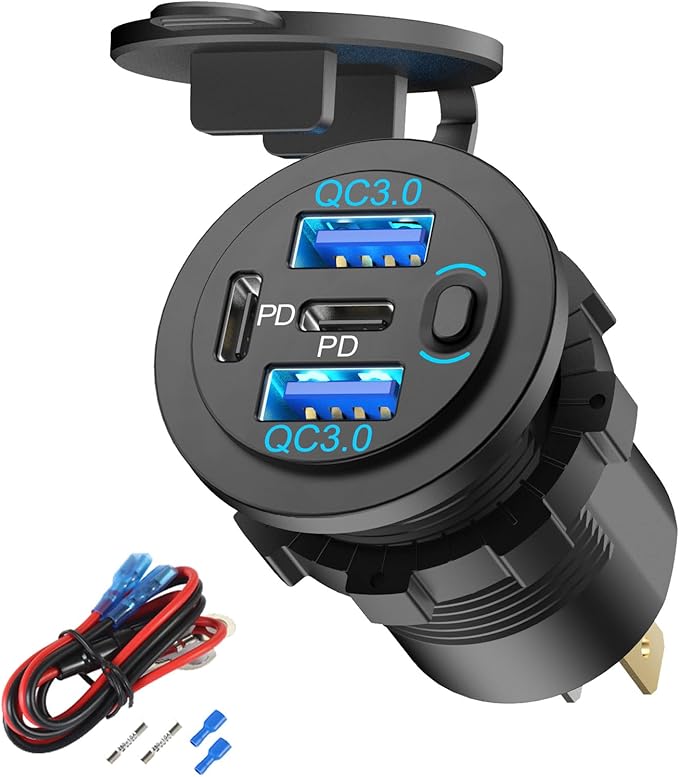 78W 4 Port 12V USB Outlet Car Charger, Super Fast Dual PD3.0 & QC3.0 Multiple USB Port for Car, USB C Cigarette Lighter Replacement 12 Volt Socket Waterproof for Marine Boat Motorcycle RV Golf Cart