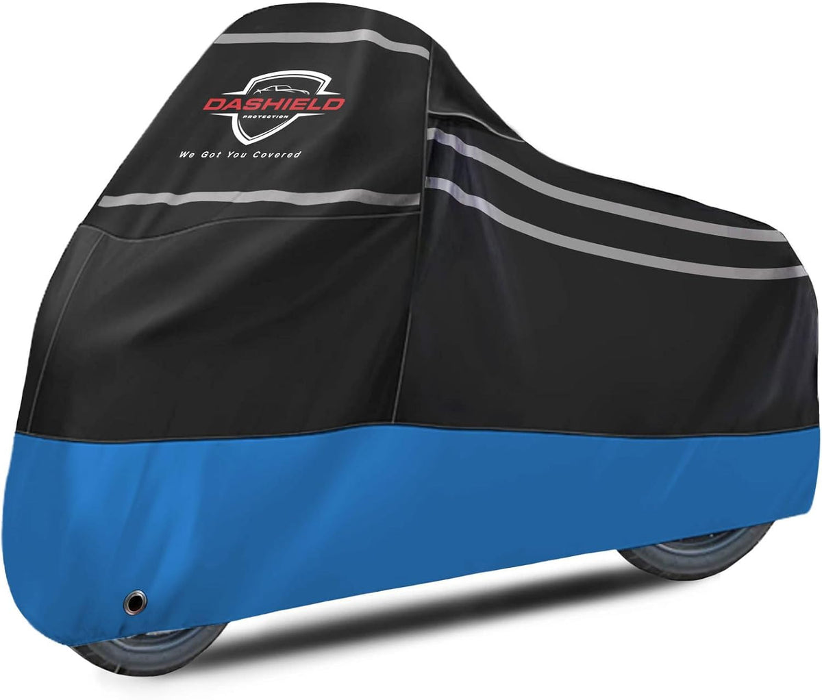 Ultimum Series Motorcycle Cover Waterproof All Weather Protection Universal Heavy Duty Night Reflector with Lock-Holes Compatible with Suzuki Harley Davidson Kawasaki Yamaha Honda Blue Large