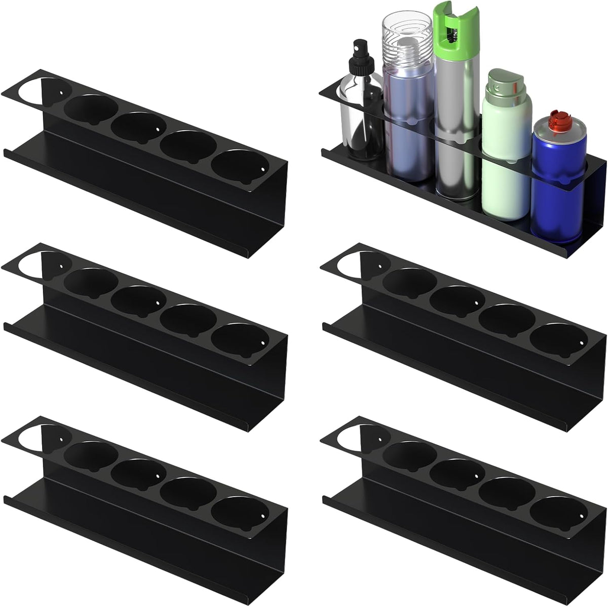 6 Pack Spray Can Holder Organizer, Wall-Mounted Steel Spray Bottle Rack, Tool Box Storage Rack, 5 Cans Metal Paint Can Organizer for Garage, Workspace, Shop, Home or Tool Trailer, Black